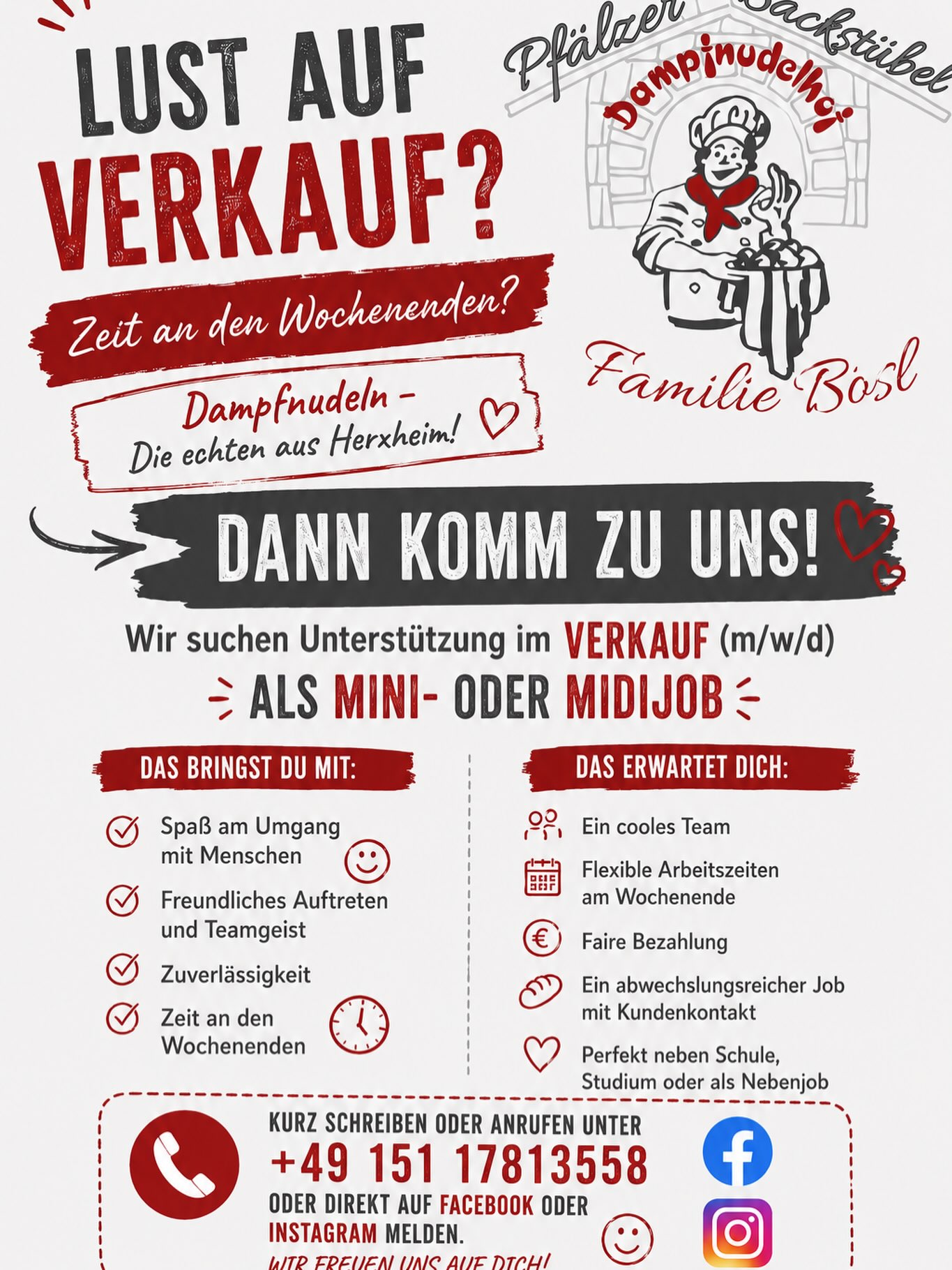 Stellenanzeige des Dampfnudelhofs: Unterstützung im Verkauf als Mini- oder Midijob